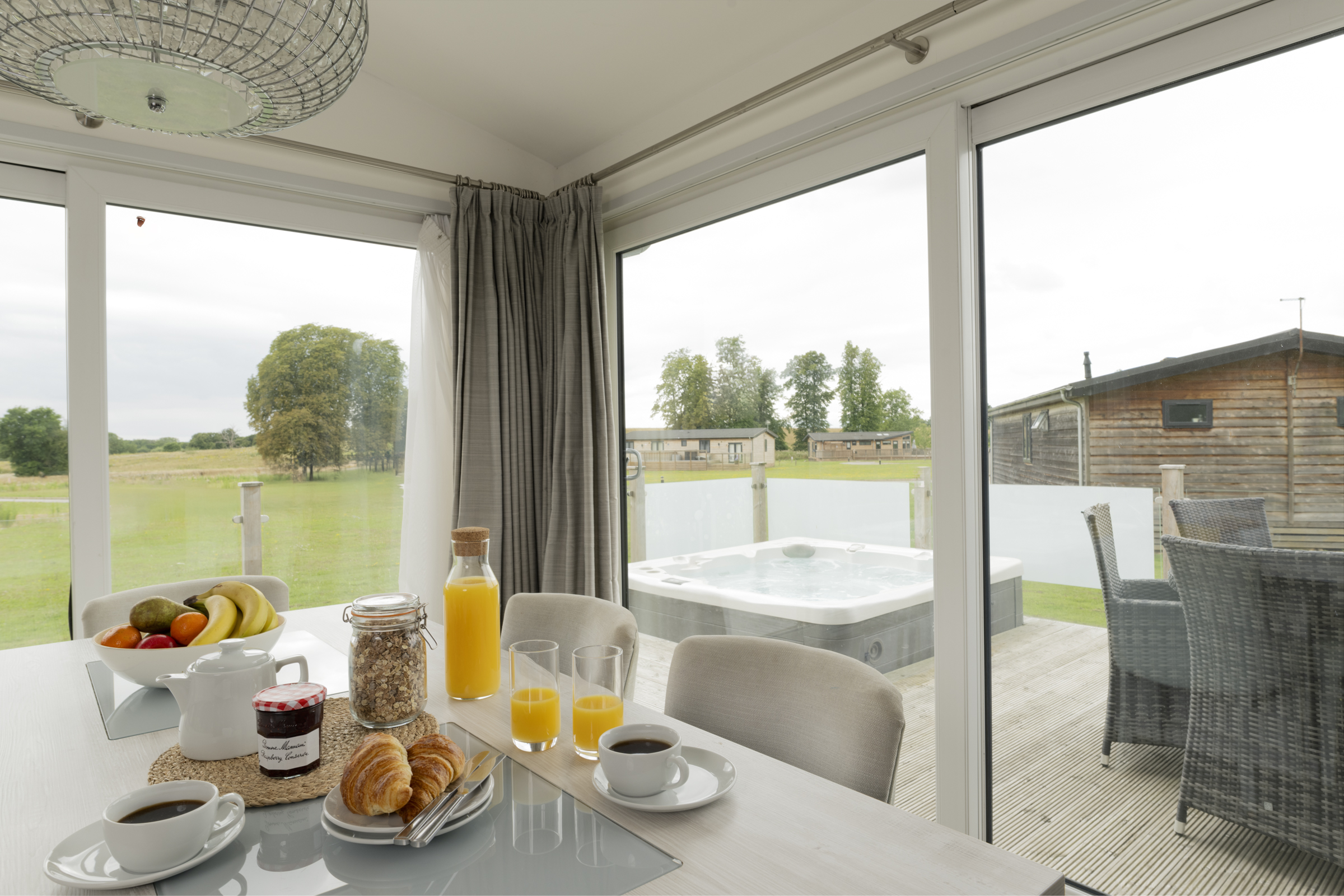Dining table with view of hot tub 
