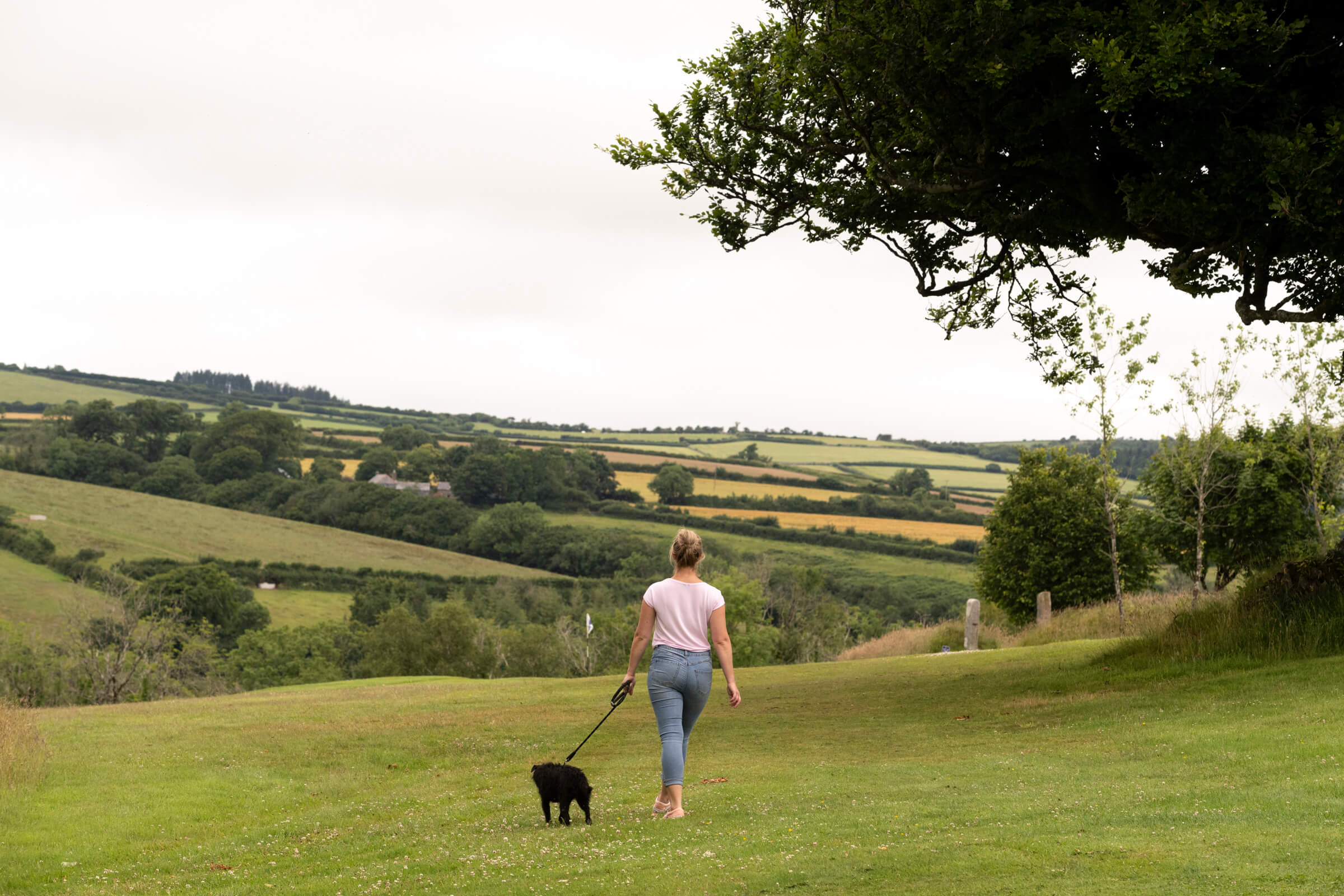 Owner and dog walking towards fields at Doublebois